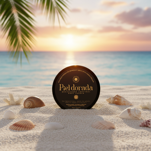 Bronceador Piel Dorada en ambiente playero con arena
